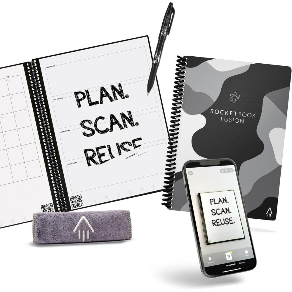imageRocketbook Fusion Reusable Undated Productivity Planner Letter Size 85x11 Black  Goals Monthly and Weekly Calendar Daily Todo List Lined and Dotted Notes PagesCamo