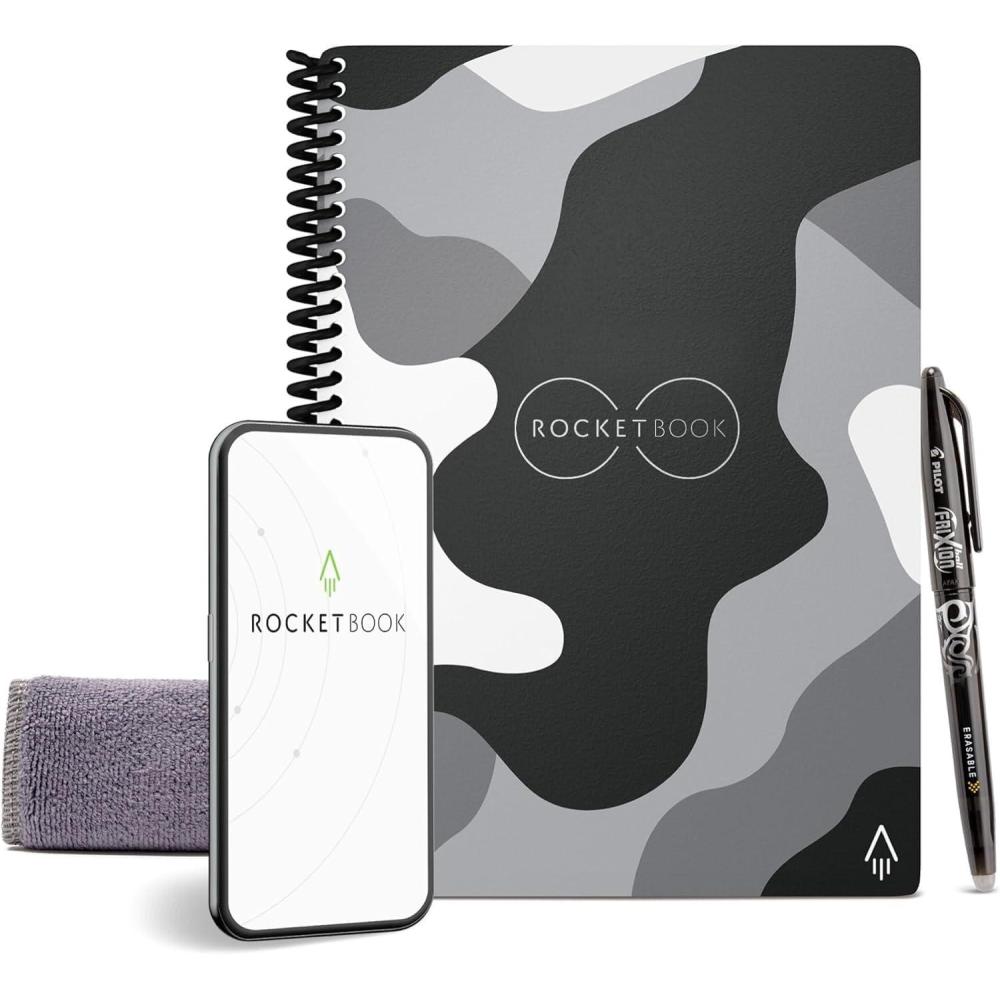 imageRocketbook Core Reusable Spiral Notebook Executive Size 6x88 Gray  Lined Pages AppConnected Erasable Durable Cover Ideal for School Work and Creative ProjectsCamo