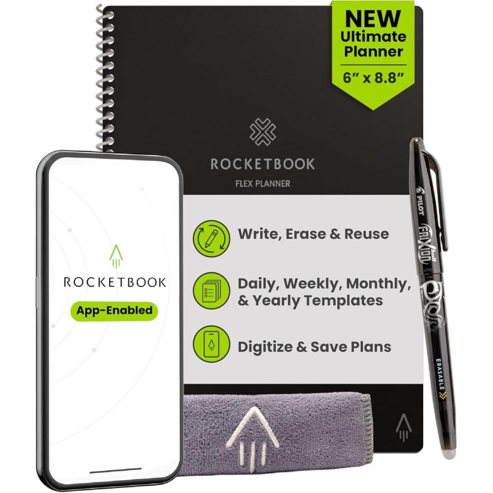 imageRocketbook Flex Planner Reusable Undated Smart Executive Size 6x88 in Navy Blue  Daily Weekly Monthly Annual Calendar Tasks Goals Scheduling Productivity App Connected Erasable Durable CoverBlack