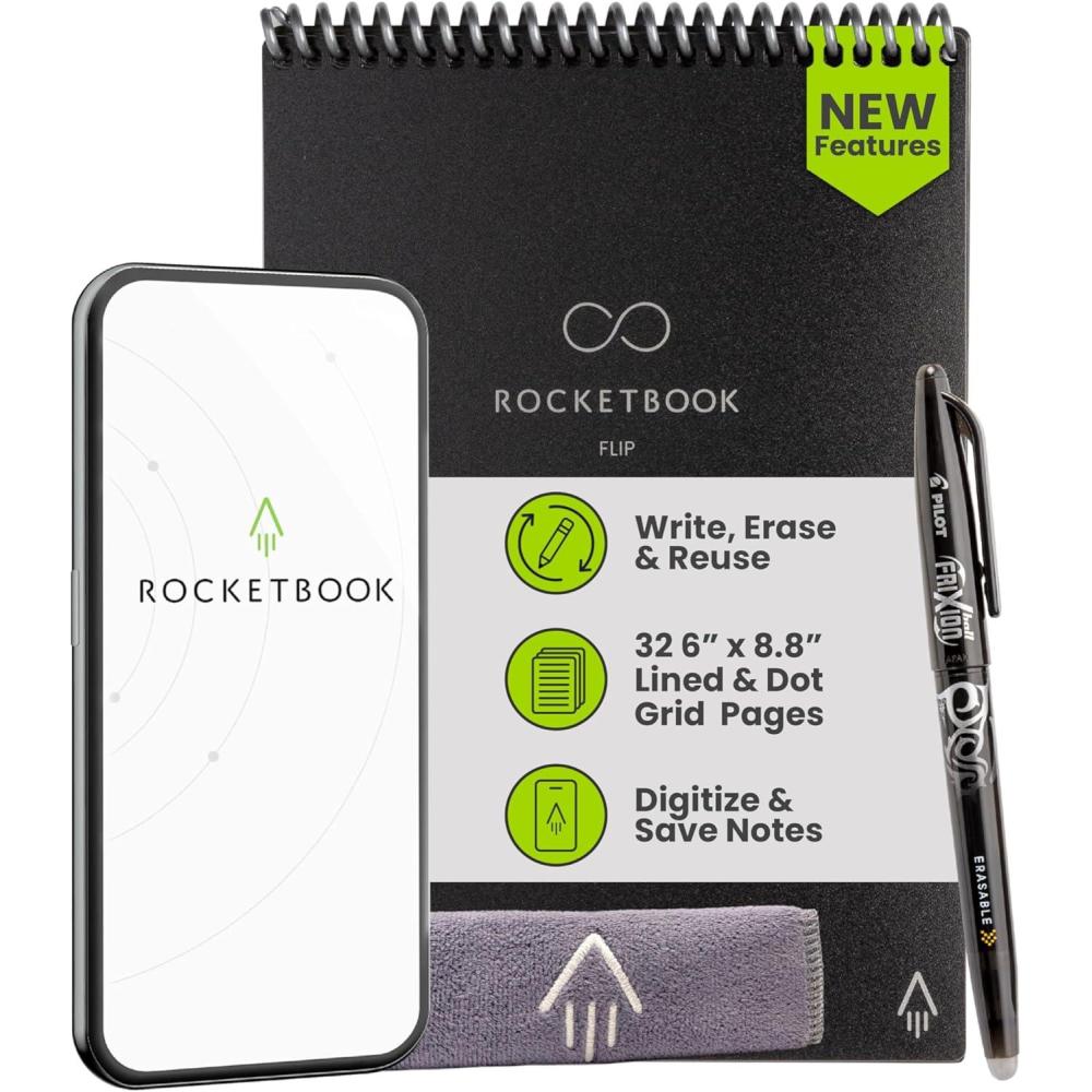 imageRocketbook Flip Reusable Smart Notepad Top Bound Notebook Executive Size 6x88 Navy Blue  Lined and Dotted Pages AppConnected Erasable Ideal for Righties and LeftiesBlack