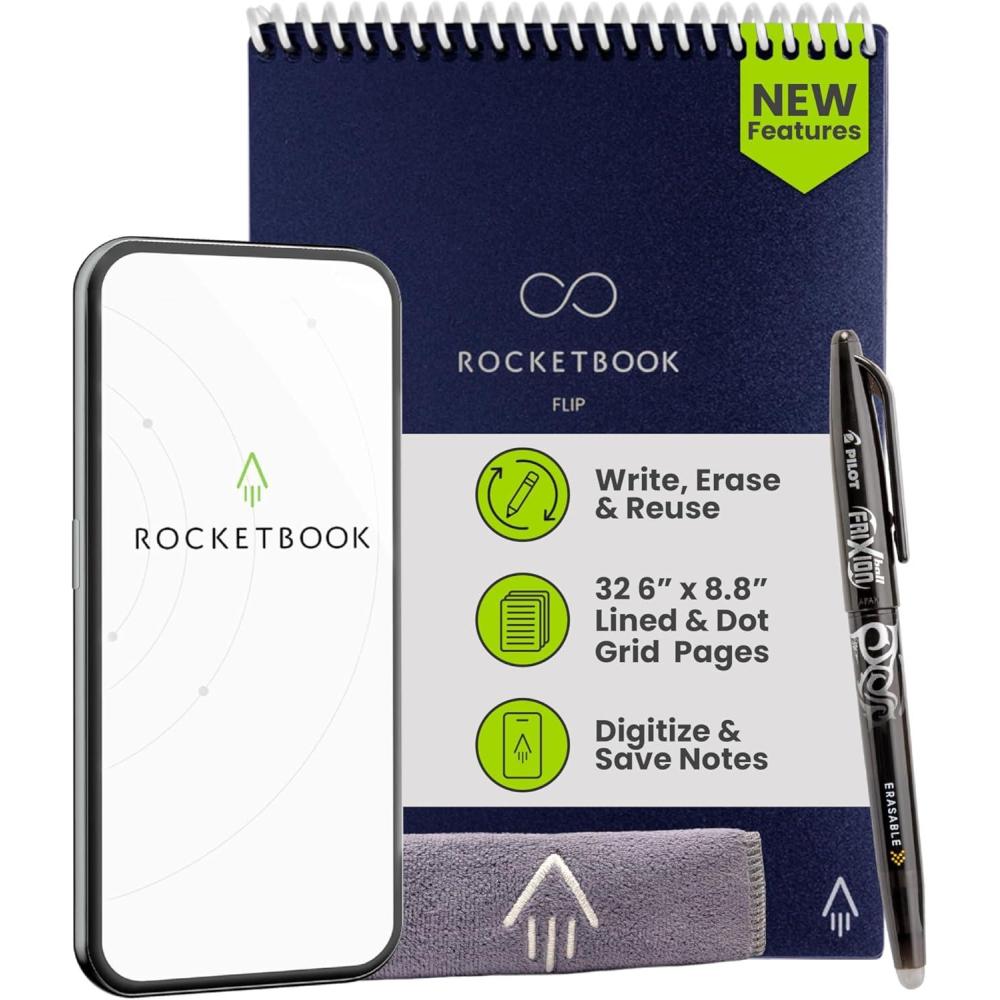 imageRocketbook Flip Reusable Smart Notepad Top Bound Notebook Executive Size 6x88 Navy Blue  Lined and Dotted Pages AppConnected Erasable Ideal for Righties and LeftiesNavy Blue