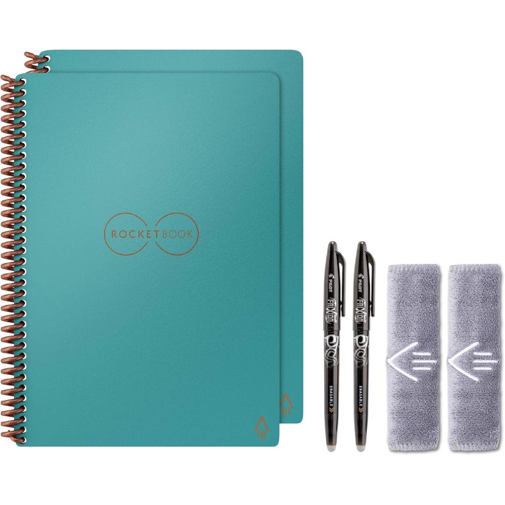 imageRocketbook Holiday Bundle  2 Smart Reusable Notebook Set with 1 Lined ampamp 1 Dot Grid Notebook 2 Pilot Frixion Pens ampamp 2 Microfiber Cloths  Infinity Black Cover Letter Size 85quot x 11quot EVRLKBNDNeptune Teal