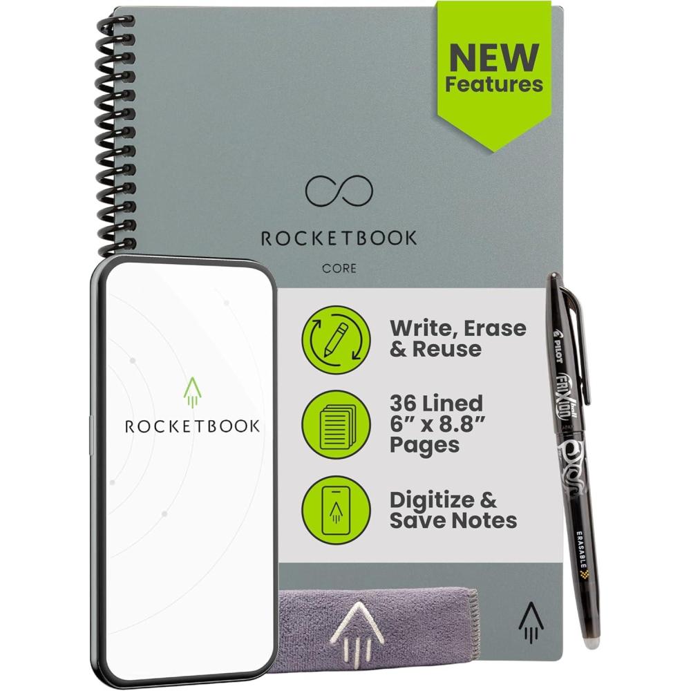 imageRocketbook New Core Reusable Spiral Notebook Letter Size 85x11 Black  Lined Pages AppConnected Erasable Durable Cover Ideal for School Work and Creative ProjectsGray