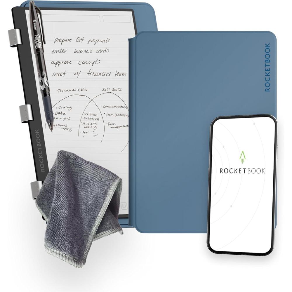imageRocketbook Pro 20 Reusable Professional Smart Notebook Executive Size 7x9 Green  Lined ampamp Dot Grid Pages AppConnected Erasable Premium Cover Ideal for Work Notes and Business MeetingsSteel Blue