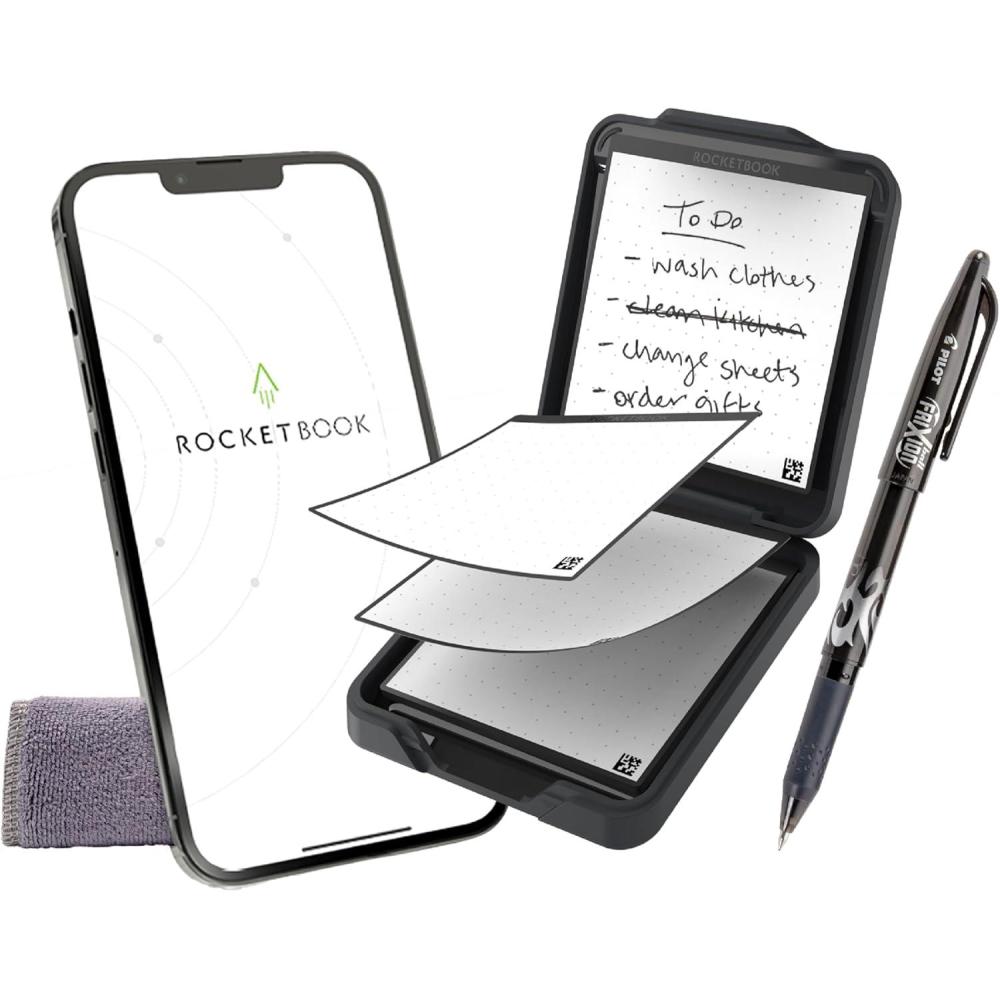 imageRocketbook Reusable Sticky Notes Starter Pack with Storage Case Pen and Towel 3quotx3quot 15 Black Notes  Dotted Paper AppConnected Erasable Reusable Adhesive Ideal for ToDo ListsStarter Kit