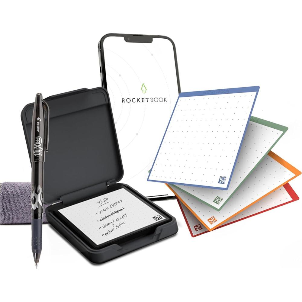 imageRocketbook Reusable Sticky Notes Starter Pack with Storage Case Pen and Towel 3quotx3quot 15 Black Notes  Dotted Paper AppConnected Erasable Reusable Adhesive Ideal for ToDo ListsStarter Kit  Expansion Pack