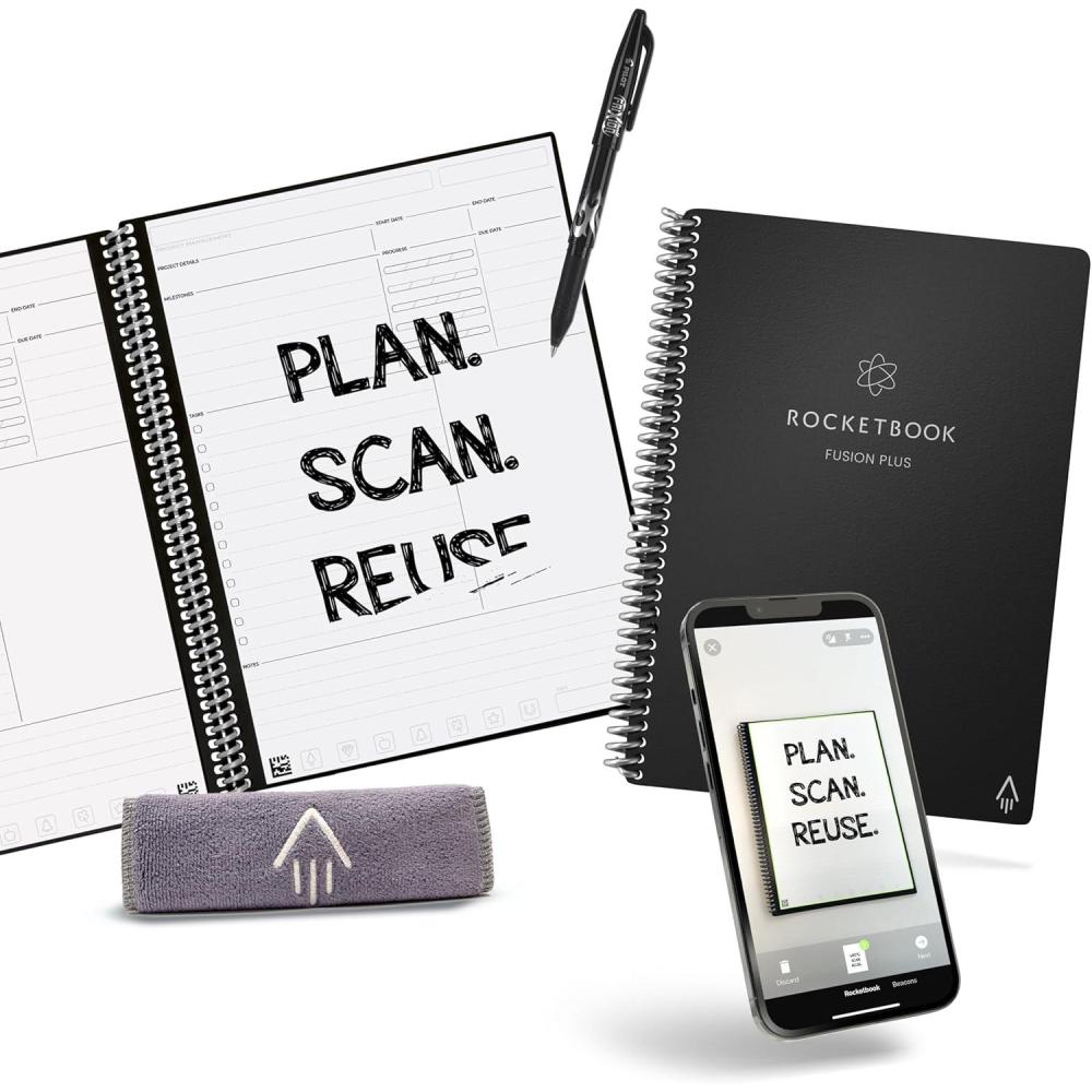 imageRocketbook Smart Reusable Notebook Fusion Plus Letter Size Spiral Notebook ampamp Planner Infinity Black 85quot x 11quotInfinity Black