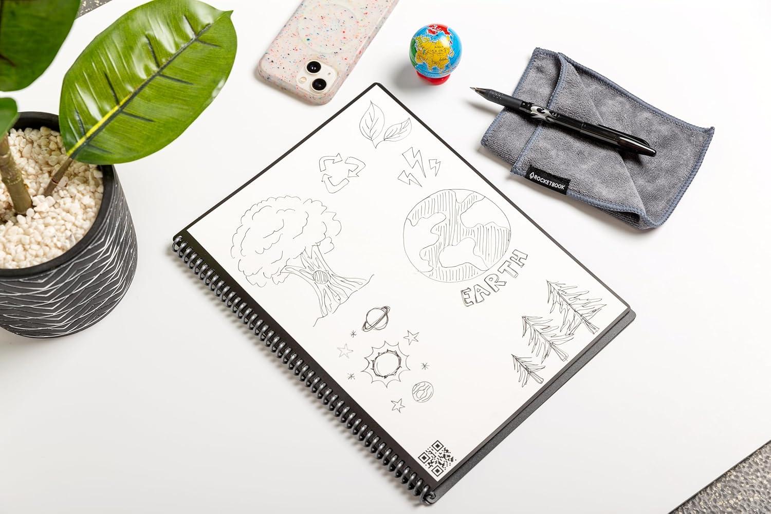image:imageRocketbook Core Reusable Spiral Notebook Executive Size 6x88 Steel Blue Dotted Pages AppConnected Erasable Durable Cover Ideal for School Work and Creative Projects