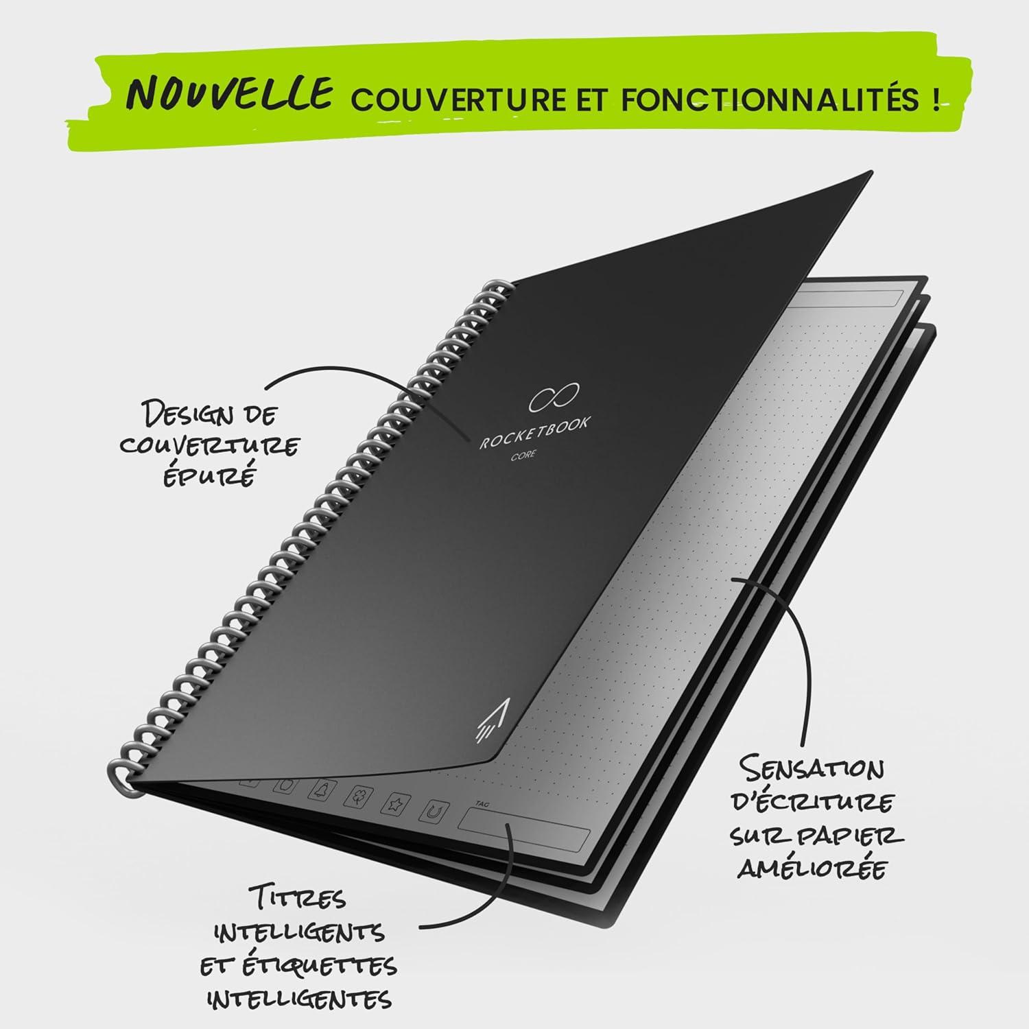 imageRocketbook Core Carnet de Notes Spirales Rutilisable Taille Letter 21cm x 297cm Noir Pointill Connect lApplication Effaable Couverture Durable cole Travail et Projets CratifsBleu Clair