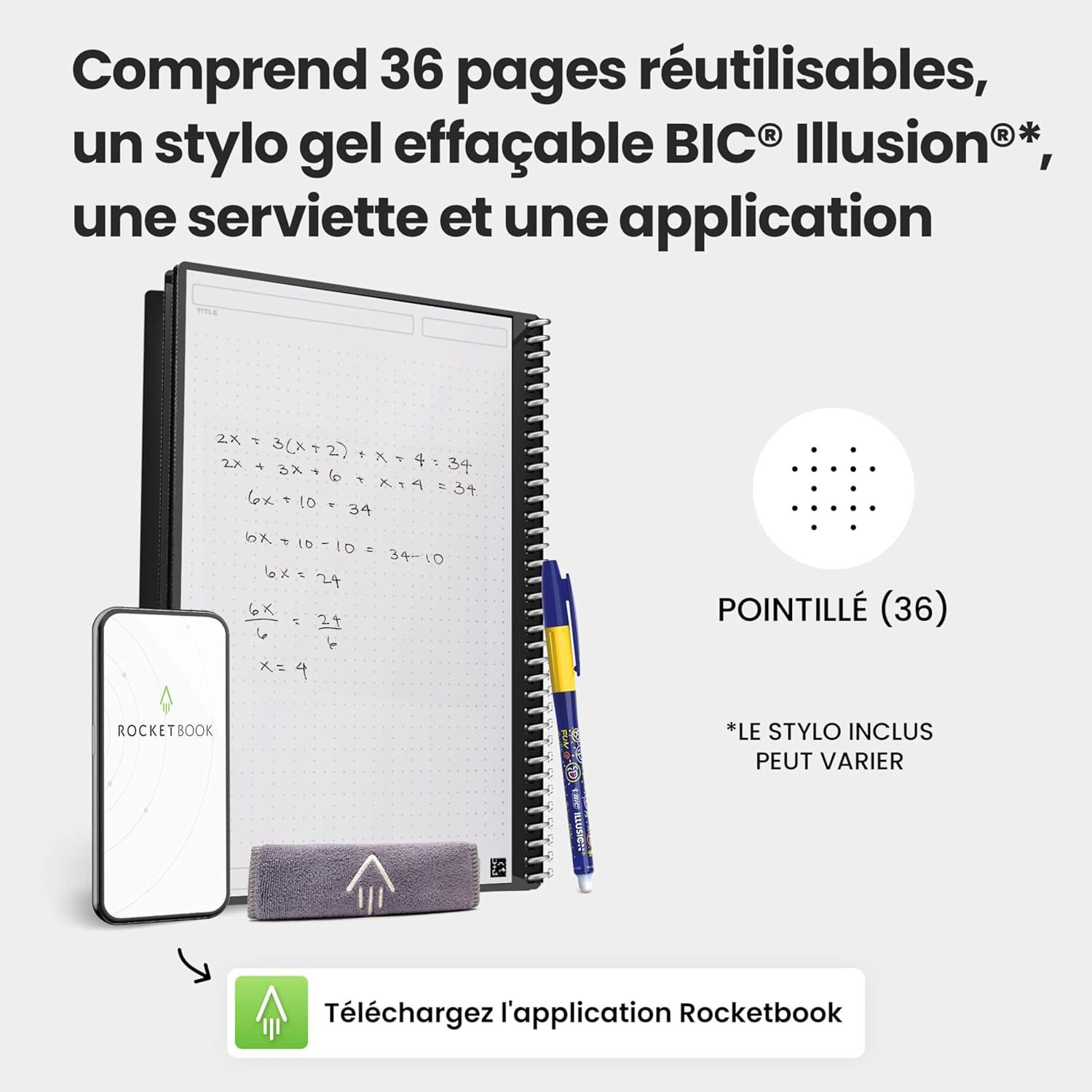 imageRocketbook Core Carnet de Notes Spirales Rutilisable Taille Letter 21cm x 297cm Noir Pointill Connect lApplication Effaable Couverture Durable cole Travail et Projets CratifsBleu Clair