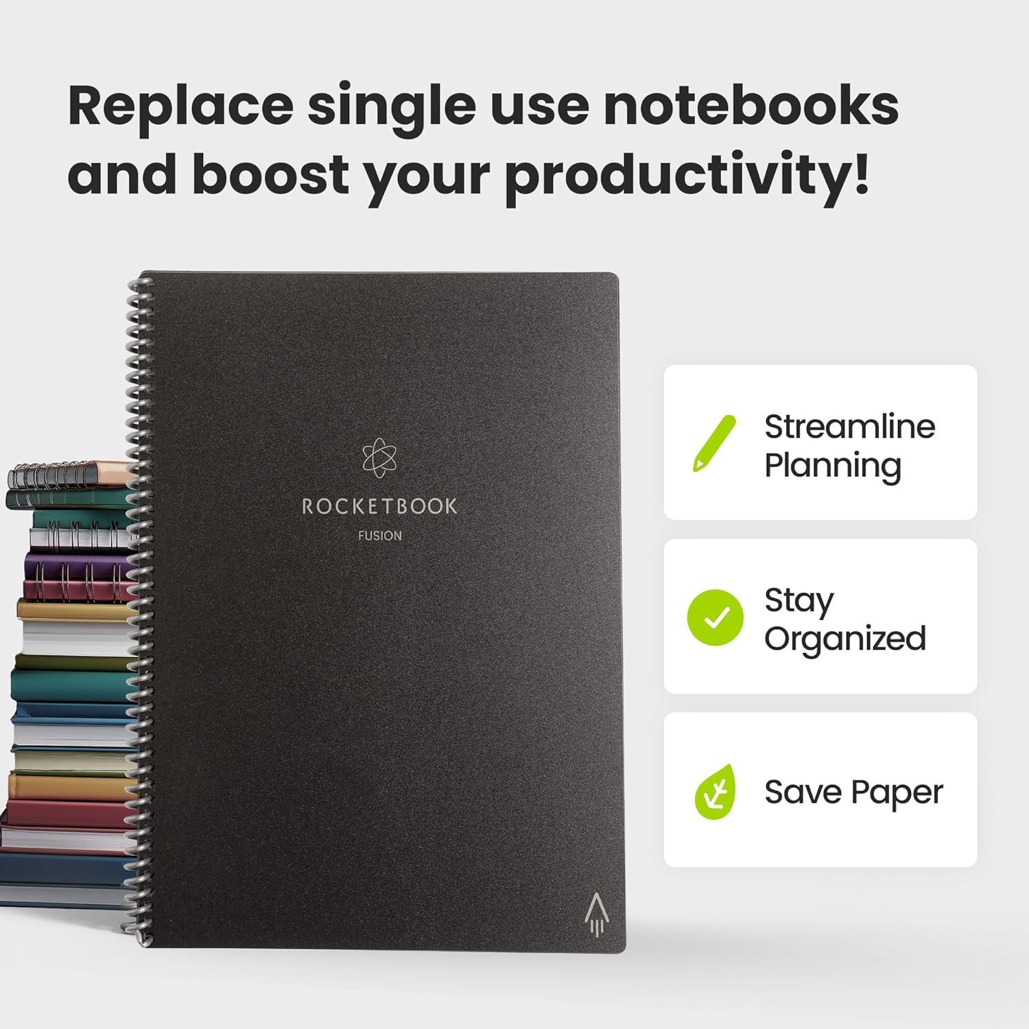 imageRocketbook Fusion Cahier de Notes Effacable To Do List Bloc Note Numerique Planificateur Notebook A5 Noir Listes de Tches Carnet Spirale 7 Styles Gadget Stylo Effacables Pilot Frixion InclusVert