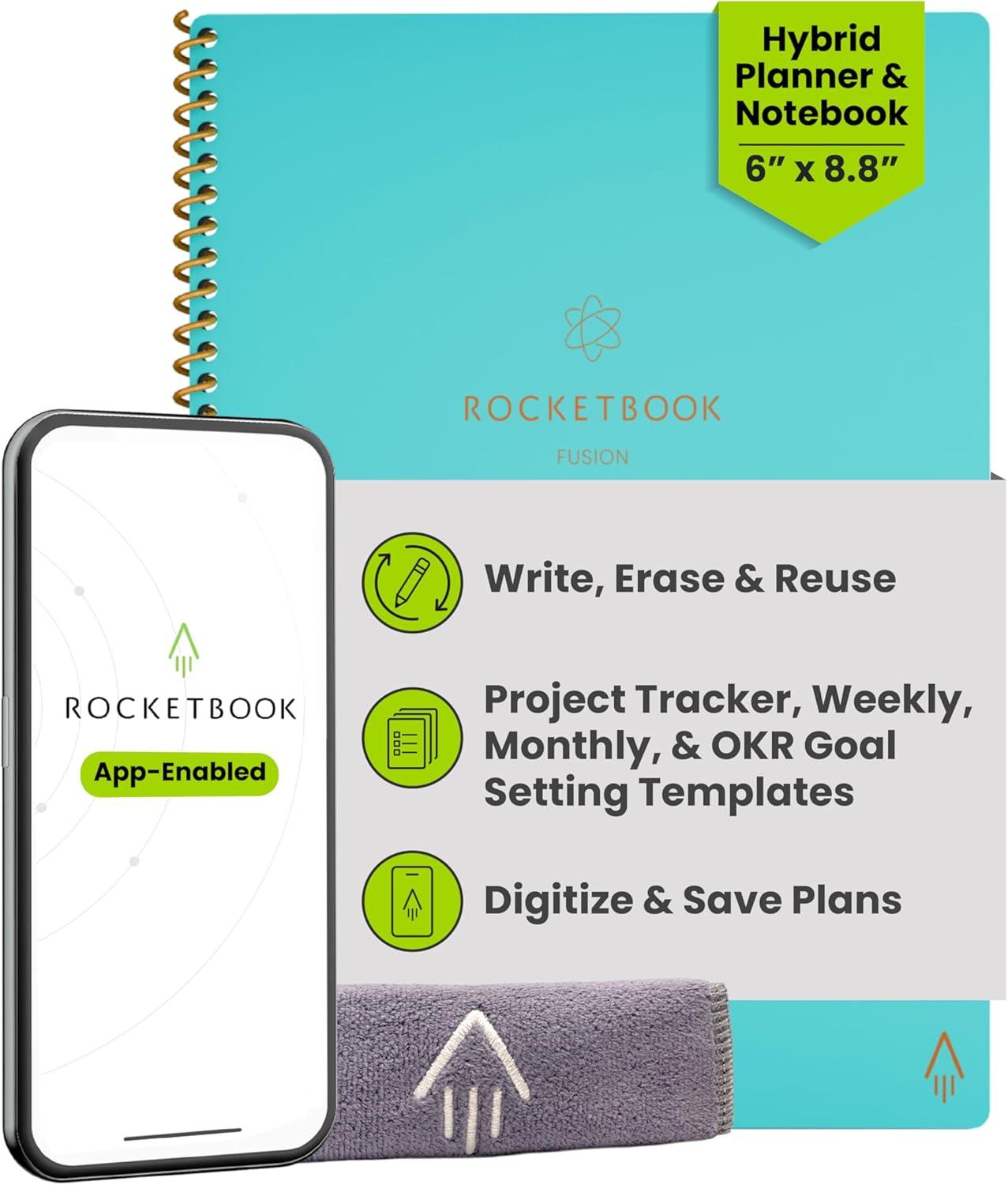imageRocketbook Fusion Cahier de Notes Effacable To Do List Bloc Note Numerique Planificateur Notebook A5 Noir Listes de Tches Carnet Spirale 7 Styles Gadget Stylo Effacables Pilot Frixion InclusBleu canard