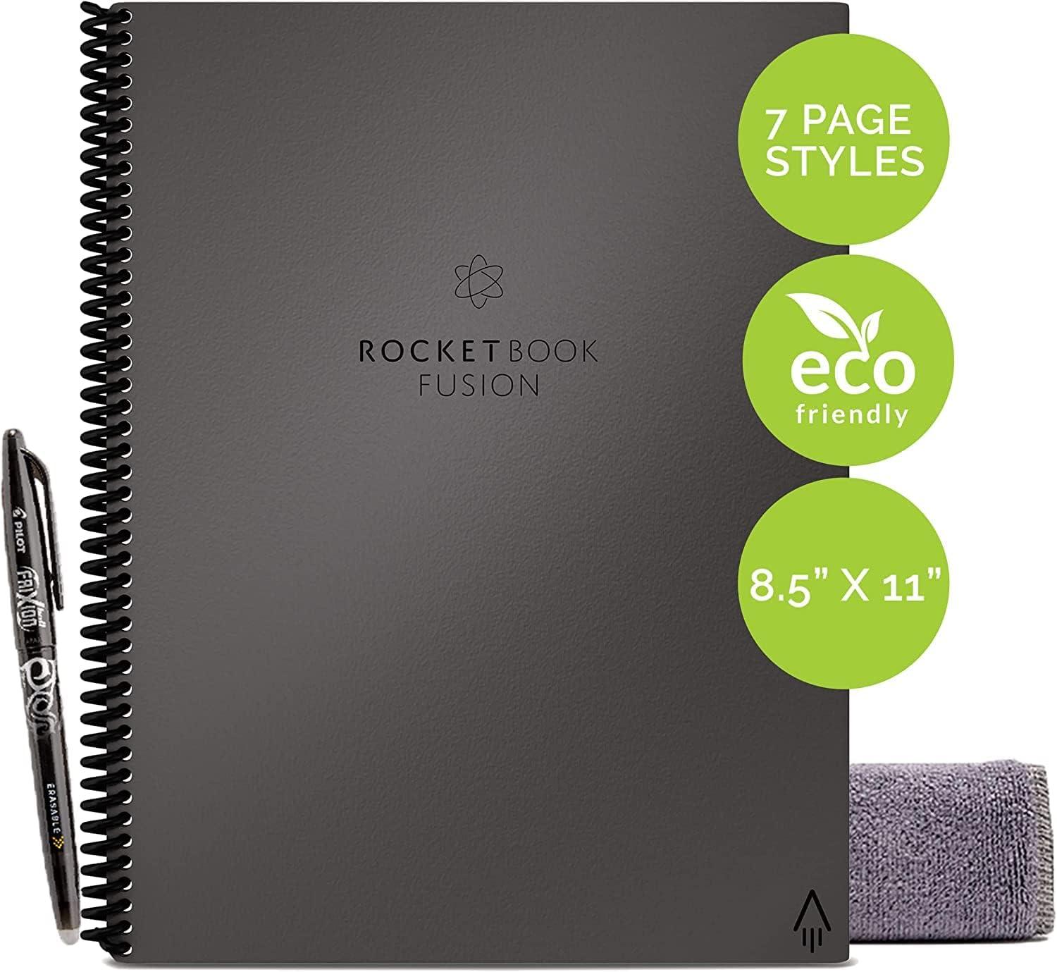 imageRocketbook Fusion Cahier de Notes Effacable To Do List Bloc Note Numerique Planificateur Notebook A5 Noir Listes de Tches Carnet Spirale 7 Styles Gadget Stylo Effacables Pilot Frixion InclusGris