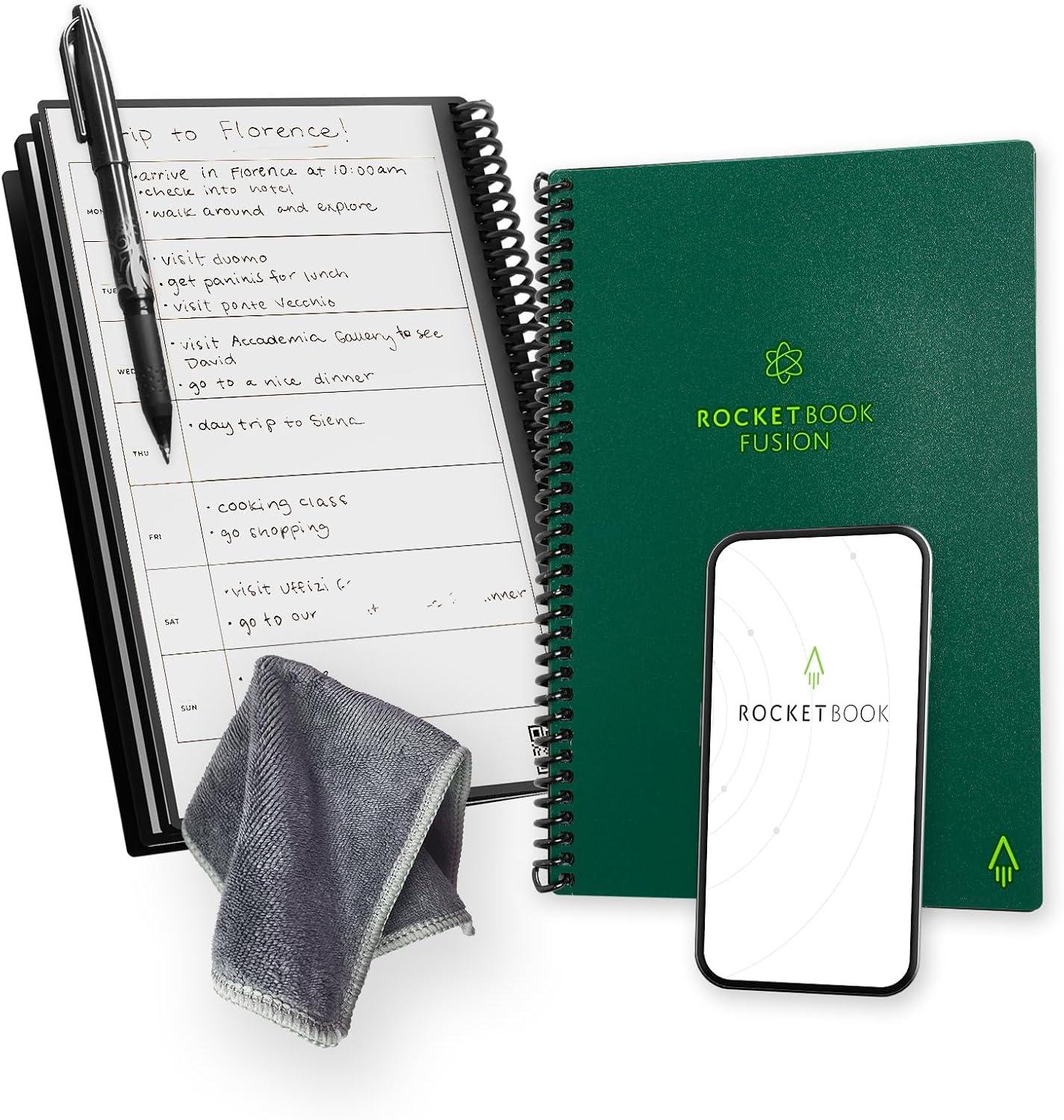 imageRocketbook Fusion Cahier de Notes Effacable To Do List Bloc Note Numerique Planificateur Notebook A5 Noir Listes de Tches Carnet Spirale 7 Styles Gadget Stylo Effacables Pilot Frixion InclusVert
