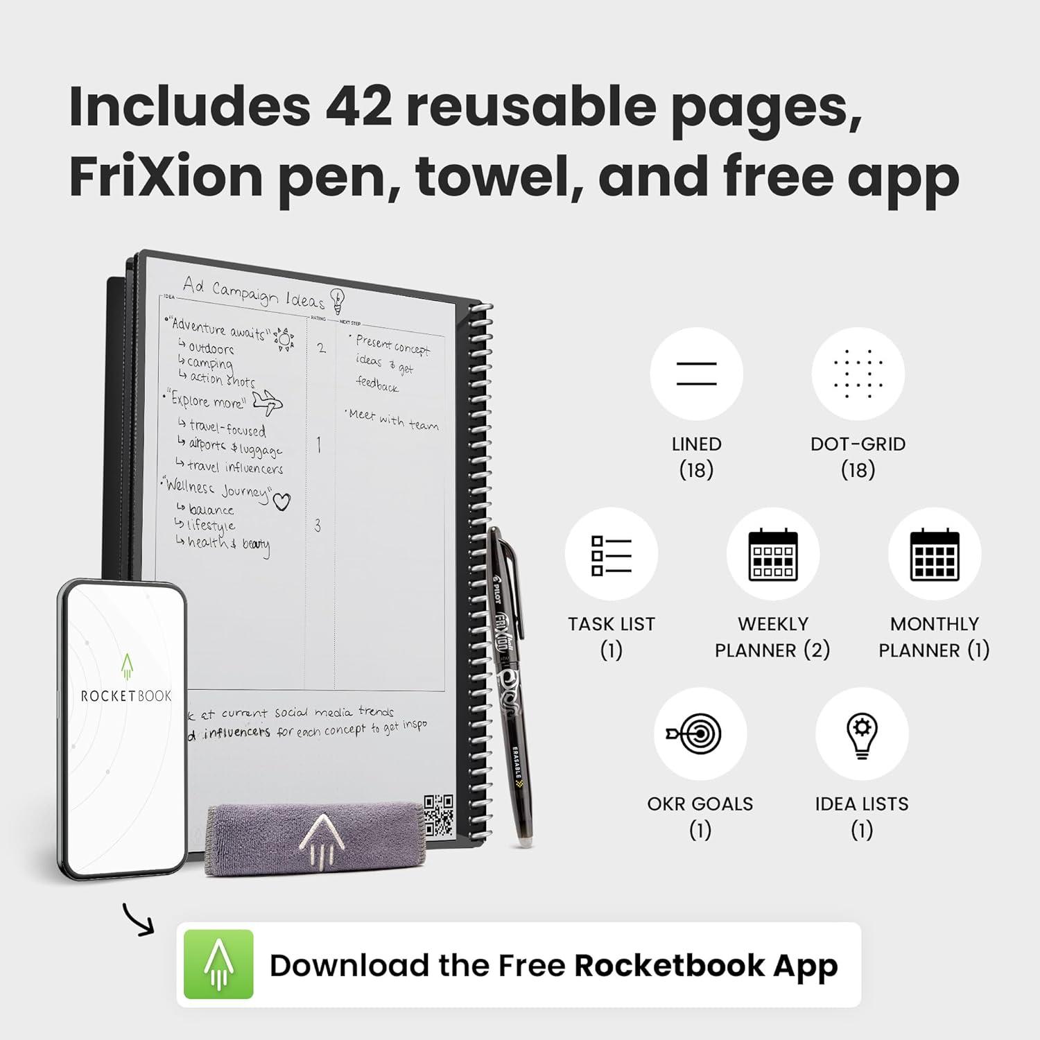 imageRocketbook Fusion Cahier de Notes Effacable To Do List Bloc Note Numerique Planificateur Notebook A5 Noir Listes de Tches Carnet Spirale 7 Styles Gadget Stylo Effacables Pilot Frixion InclusNoir