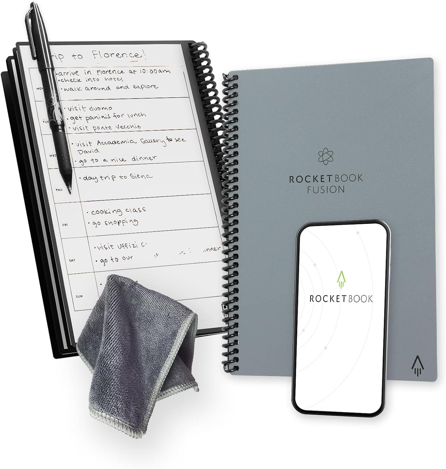 imageRocketbook Fusion Cahier de Notes Effacable To Do List Bloc Note Numerique Planificateur Notebook A5 Noir Listes de Tches Carnet Spirale 7 Styles Gadget Stylo Effacables Pilot Frixion InclusGris