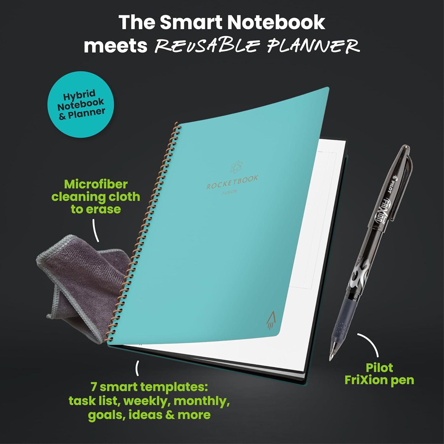 imageRocketbook Fusion Cahier de Notes Effacable To Do List Bloc Note Numerique Planificateur Notebook A5 Noir Listes de Tches Carnet Spirale 7 Styles Gadget Stylo Effacables Pilot Frixion InclusBleu canard