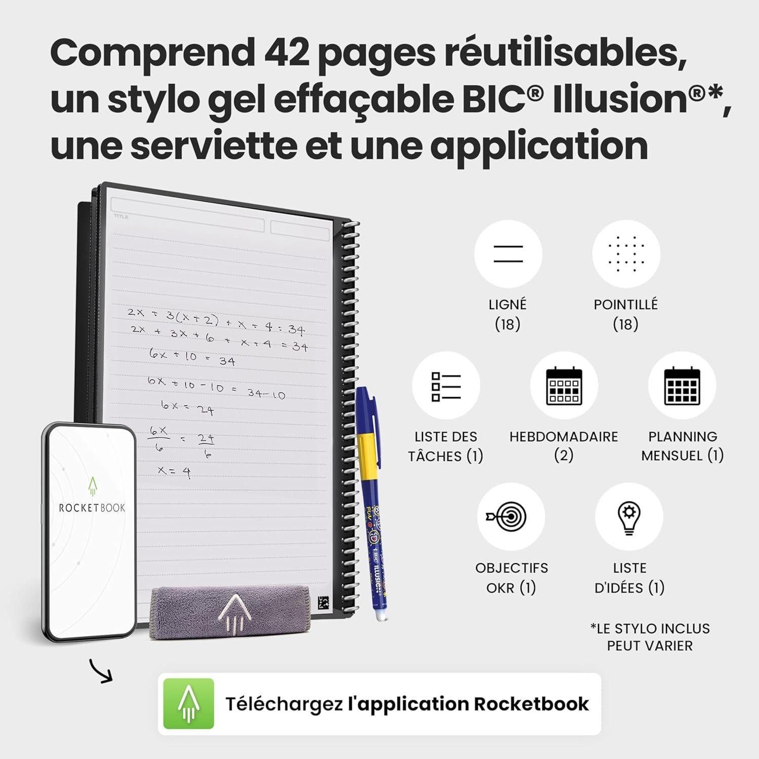 imageRocketbook Fusion Agenda Non Dat Rutilisable Taille Executive 15cm x 224cm Noir Objectifs Calendrier Mensuel et Hebdomadaire ToDo Lists Quotidiennes Pages Lignes et PointillesGirs