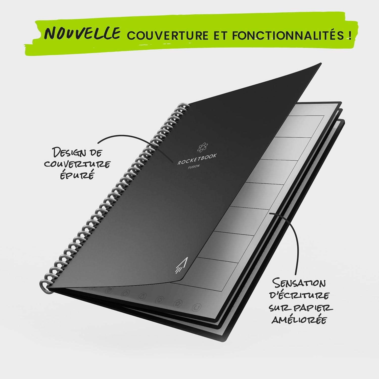 imageRocketbook Fusion Agenda Non Dat Rutilisable Taille Executive 15cm x 224cm Noir Objectifs Calendrier Mensuel et Hebdomadaire ToDo Lists Quotidiennes Pages Lignes et PointillesBleu Marine
