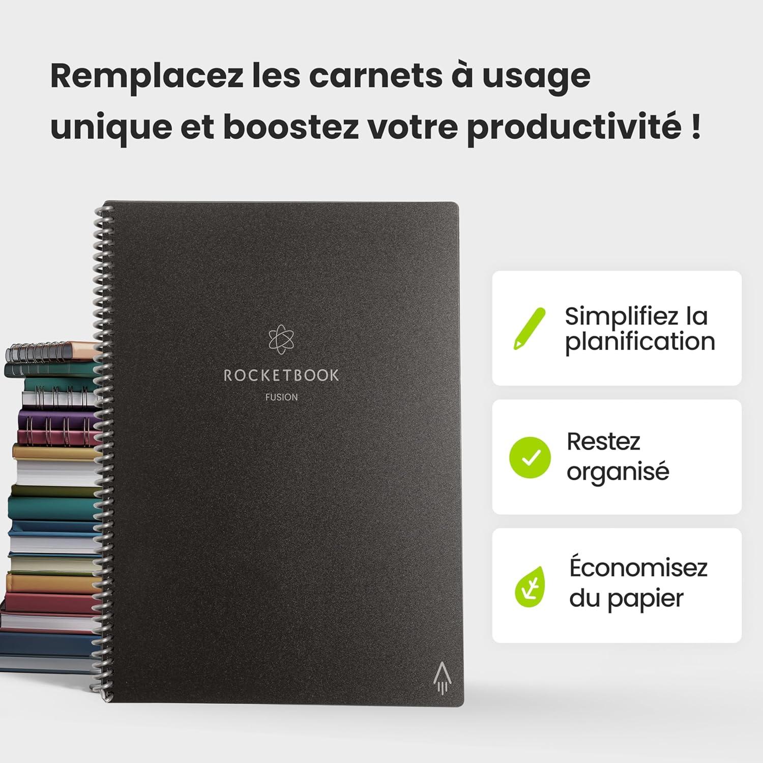imageRocketbook Fusion Agenda Non Dat Rutilisable Taille Executive 15cm x 224cm Noir Objectifs Calendrier Mensuel et Hebdomadaire ToDo Lists Quotidiennes Pages Lignes et PointillesGris