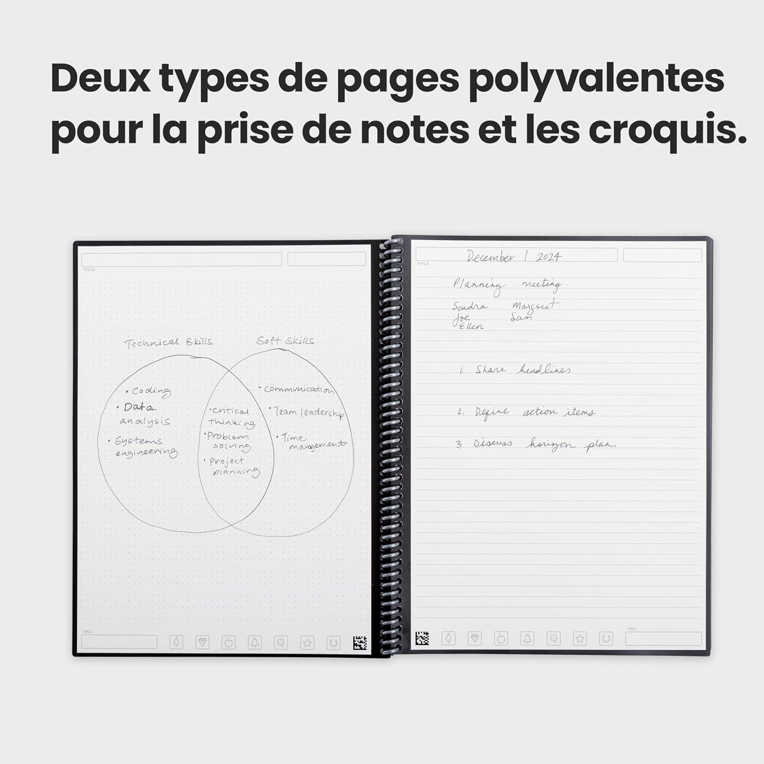 imageRocketbook Fusion Agenda Non Dat Rutilisable Taille Executive 15cm x 224cm Noir Objectifs Calendrier Mensuel et Hebdomadaire ToDo Lists Quotidiennes Pages Lignes et PointillesGris