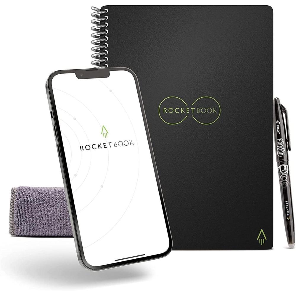 imageRocketbook Core Cahier de Note Effacable Rutilisable Bloc Note Numerique Notebook A5 Noir Carnet Spirale Page Blanche Pointill Stylo Effacables Pilot Frixion Inclus Gadget Insolite UtileNoir
