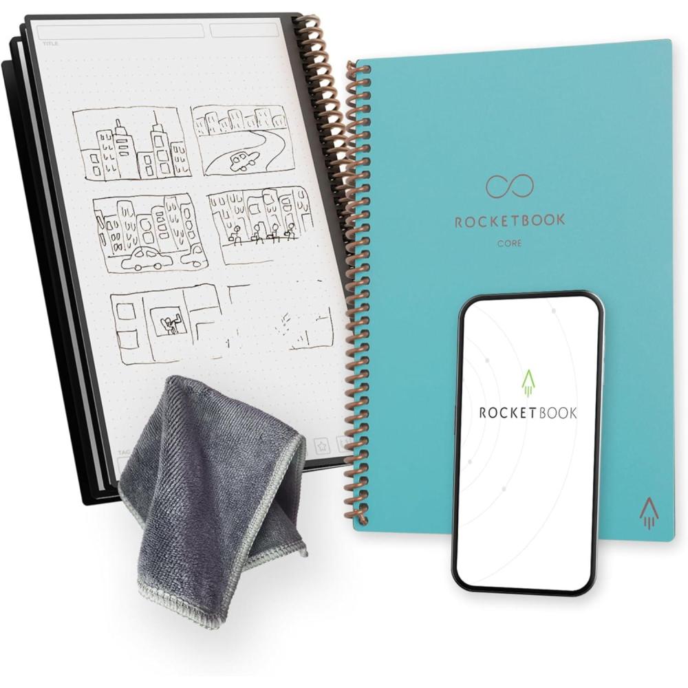 imageRocketbook Core Carnet de Notes Spirales Rutilisable Taille Letter 21cm x 297cm Noir Pointill Connect lApplication Effaable Couverture Durable cole Travail et Projets CratifsBleu Clair