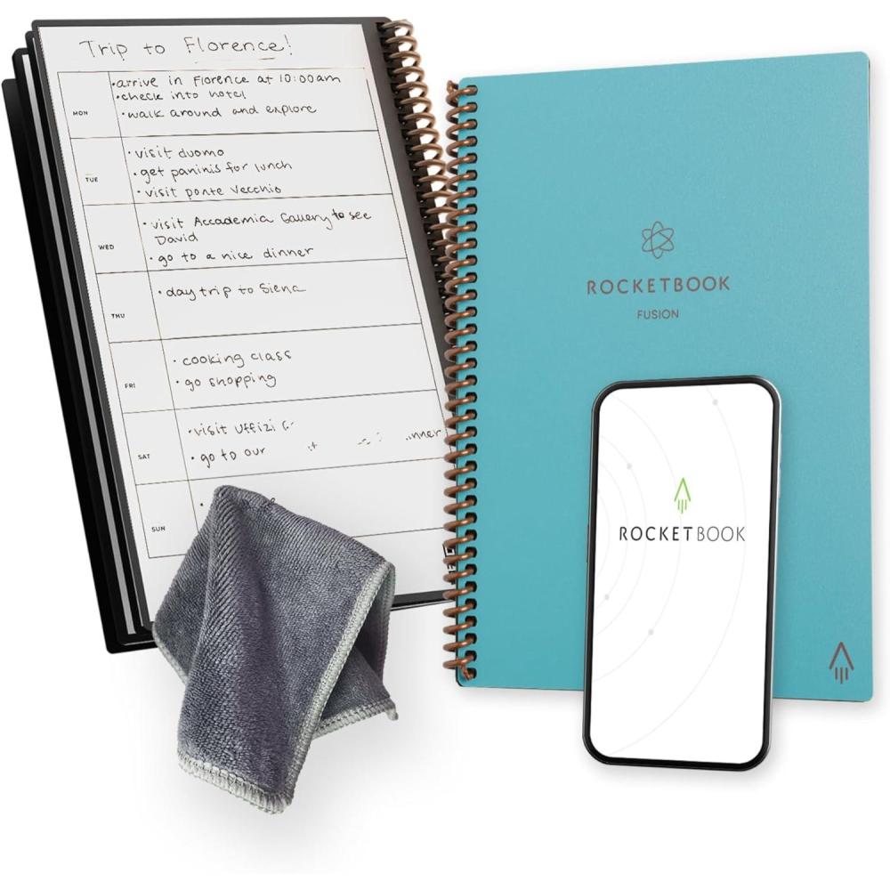 imageRocketbook Fusion Agenda Non Dat Rutilisable Taille Executive 15cm x 224cm Noir Objectifs Calendrier Mensuel et Hebdomadaire ToDo Lists Quotidiennes Pages Lignes et PointillesBleu Clair